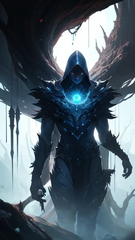 Striking illustration of the Angel of Death., A mysterious and ethereal figure who guards the threshold between life and death.. His presence is enigmatic and powerful...., con alas inmensas que se extienden hacia el horizonte y una mirada penetrante que transmite serenidad y temor. He uses cool tones and deep shadows to emphasize his ethereal nature and his connection to the realm of death......(dark lighting), ( ethereal lighting),(Spectral illumination)