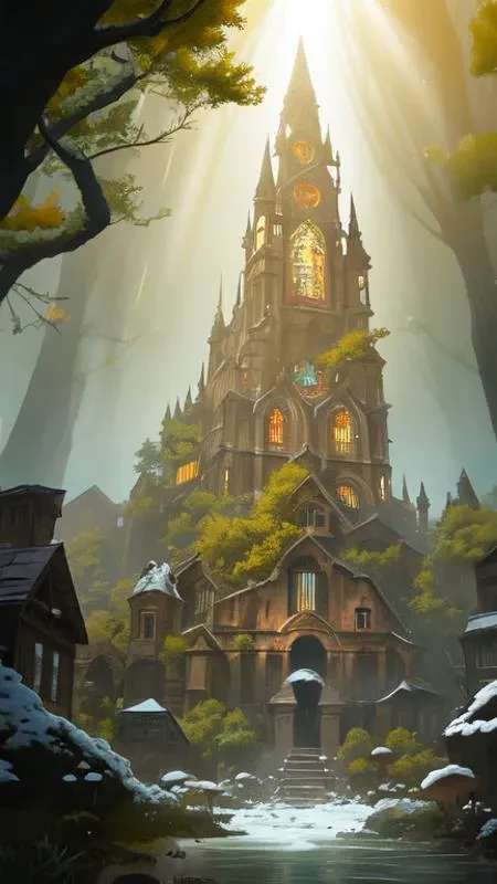medieval spider, centered, ornate, beautiful, atmosphere, vibe, mist, smoke, chimney, rain, well, wet, pristine, puddles, red speckled mushrooms, waterfall, melting, dripping, snow, creek, lush, ice, bridge, cart, orange, green, stained glass, forest, flowers, concept art illustration, color page, 4 k, tone mapping, doll, akihiko yoshida, james jean, andrei riabovitchev, marc simonetti, yoshitaka amano, digital illustration, greg rutowski, volumetric lighting, sunbeams, particles, alan lee, trending on artstation
