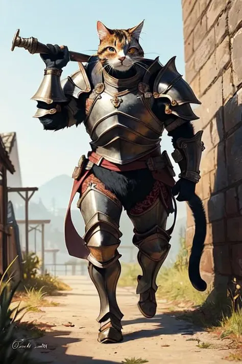 a masterpiece illustration of a cat equipping with heavy armor outfit, embarking on a journey to become the cat warrior, realistic,
