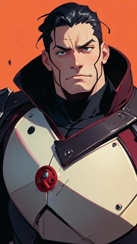 King Bradley from Fullmetal Alchemist Brotherhood with a serious Look starting straight into the camera, muscular, in the Style of Artgerm and Charlie Bowater and Atey Ghailan and Mike Mignola, vibrant colors and hard shadows and strong rim light, Comic Cover Art, plain background, trending on artstation