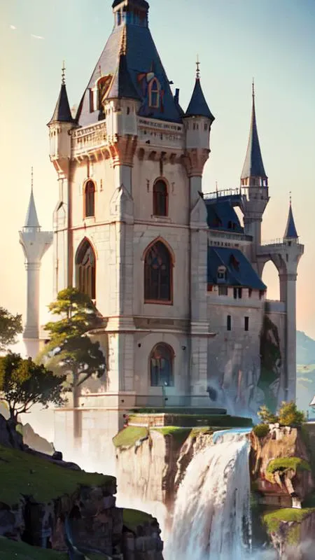 a beautiful fantasy landscape of a large majestic castle adorned with gold linings and white marble walls from DND with lots of towers bridges and levels on top of a lush cliff with a huge waterfalls in the middle, ruins of structures at the bottom, afternoon light streaking with god rays, Dungeons and Dragons Castle, ornate, detailed, octane render, 8k, trending on artstation deviantart google images, pinterest, canon 35mm lens