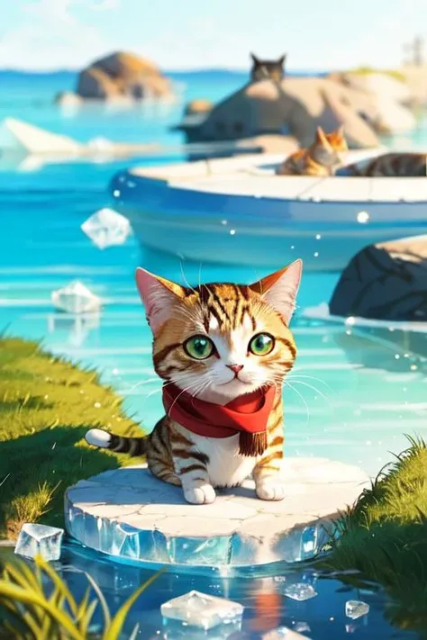 chibi, masterpiece, best quality, original, official art,1cat,red scarf,grass,blurred background, cartoon rendering, beautiful detailed glow, (detailed ice), beautiful detailed water, and I want the Disney Pixar style in a white background painted by watercolor 3DAnimationStyle