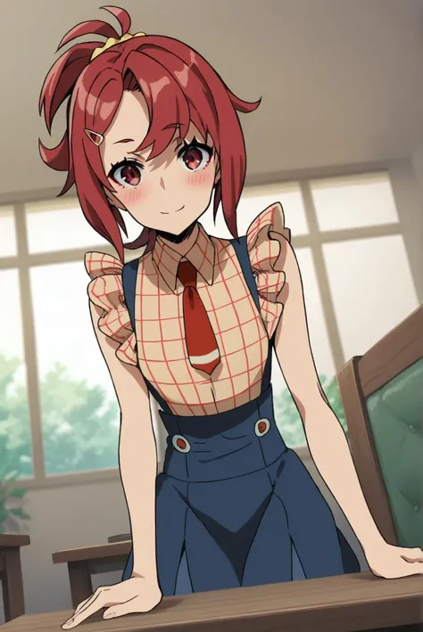 score_9, score_8_up, score_7_up, score_6_up, score_5_up, score_4_up, BREAK source_anime, 1girl,
<lora:ChidoriTakashiroXL-v1-03:0.8>, ChopioChidoriTakashiro, red hair, medium hair, shiny hair, ponytail, asymmetrical bangs, hairclip, red eyes, hair scrunchie, (looking at viewer:1.3),
outfit_2, red necktie, suspender skirt, blue skirt, plaid shirt, sleeveless,
living room, wooden table, blush, seductive smile, sitting on table,