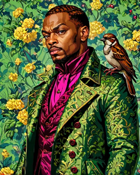 hyper detailed, Mystifying Sparrow, the Sparrow is dressed in Cleancore fashion style Overcoat, designed by Kehinde Wiley, Richard Bergh, Illustration, sharp, focussed, Iphone X, 800mm lens, rich deep colors, great composition, sharp focus, very, magic atmosphere, intricate artistic color, advanced cinematic perfect light