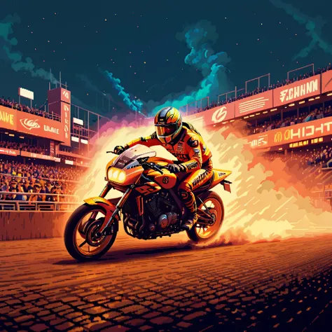 motorcycle race, sports stadium, smoke, crowds, night, motion blur, neon, (ultra-detailed), (masterpiece), (best_quality), (cinematic_lighting), (vibrant_colors)