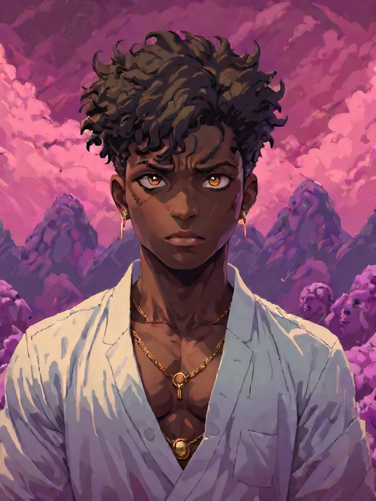 (((masterpiece))) , (((best quality))) , anime style, 2d, Weird Creepy strong Nigerian flawless 1boy, solo, Looking over the shoulder, key visual, flowing, dynamic cinematic perfect background, dynamic cinematic color, perfect composition, dynamic background, elaborate, sublime, unique
