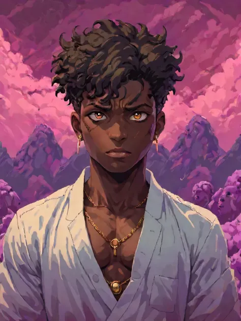 (((masterpiece))) , (((best quality))) , anime style, 2d, Weird Creepy strong Nigerian flawless 1boy, solo, Looking over the shoulder, key visual, flowing, dynamic cinematic perfect background, dynamic cinematic color, perfect composition, dynamic background, elaborate, sublime, unique