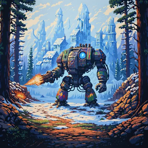 a four meter tall rainbow themed drdnght machine with heavy gun and rocket pod walks through icy tundra searching for enemies who hide behind frozen trees and boulders waiting in ambush, fire and flames spit from its flamethrower,