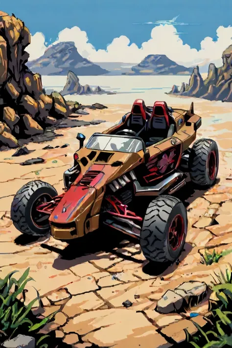 (battlecar:1.1), (go-kart:1.08), (painted brown:1.05), vehicle focus, no humans, car, wheel, tire, debris, grass, rock, clean, sky, sun BREAK Twisted Metal style vehicle converted to war, loaded with weapons, (pulp_comic, heavy_lines, hand_drawn, hand_inked, hand_colored)