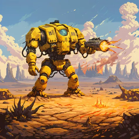 a four meter tall yellow drdnght machine with rocket launcher and flamethrower walks across an alien battlefield searching for enemies, rockets streak across the sky and explode into the landscape