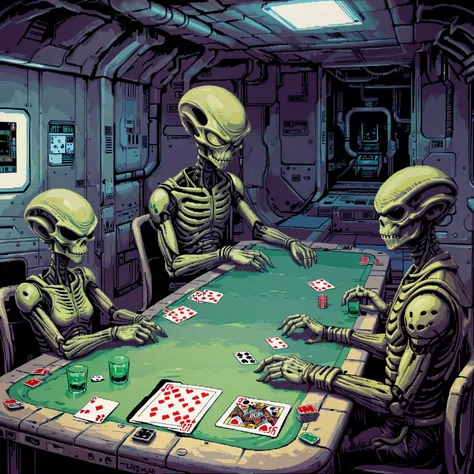 alien xenomorphs playing poker in an abandoned space station, (pulp_comic, heavy_lines, hand_drawn, hand_inked, hand_colored, perfect_face)