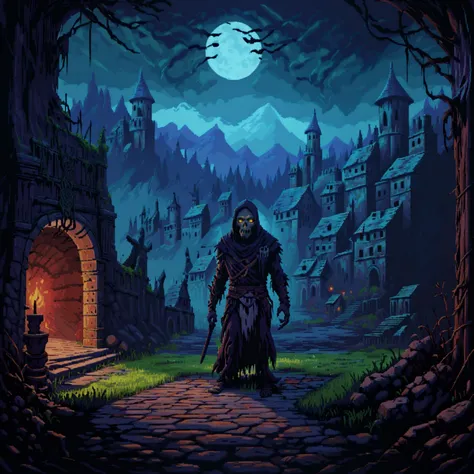 a undead revenant stalks across a graveyard towards a dimly lit mountain village at night