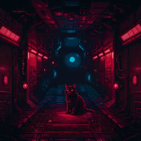 chonk a cat sits in the middle of a darkened padded starship corridor illuminated by dim red emergency lighting, horror_(theme), scifi, dark, threatening,