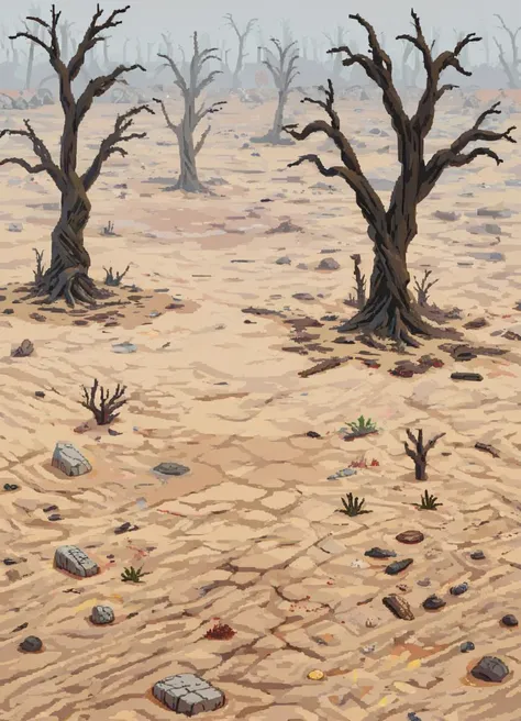 barren landscape with a sparse and mutated vegetation, dead trees, sand and stones,