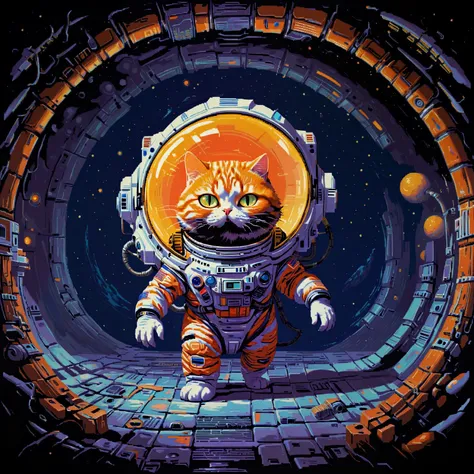 chonk the cat is an astronaut in a space suit and helmet floating outside a portal into an alien ship by giger, the light from the portal is orange and glows in the vacuum of space, horror_(theme), scifi, dark, threatening,