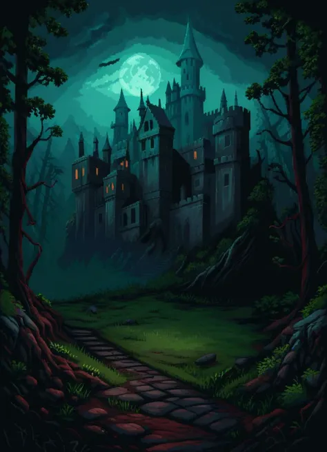 Creepy castle on a hill at night surrounded by forest. dark and gloomy landscape,