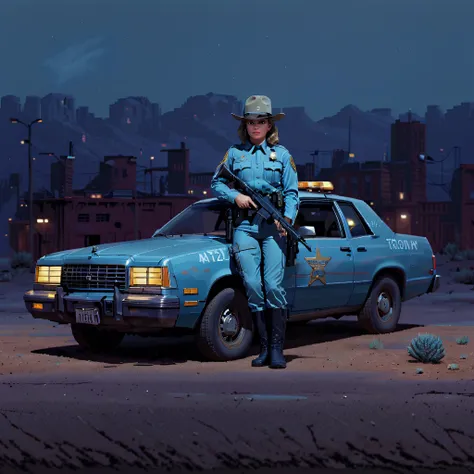 A female state trooper holding a rifle, in a small arizona town, desert, darkness, m4car, 1980s