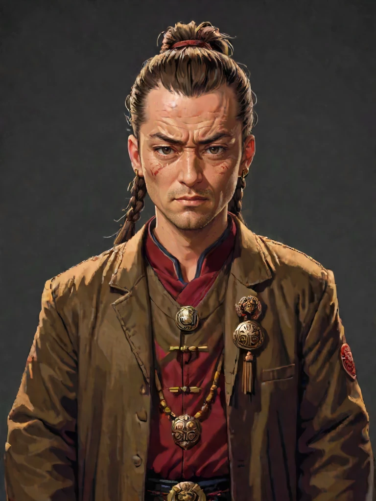 Enchanting Sword bearer Tony Soprano, ð¤¡, his hair is Brown and styled as Fringe, 1 people
, Emo magnificent 1boy, solo, he is very Middle Aged, wearing costume tailored by Laura Kim, his costume trinkets, he has Tibetan hair styled as Pigtails, key visual, located artistic, perfect symmetry, badge, beautiful elegant, detailed, fertile, very