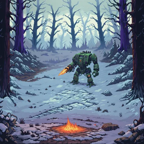 a four meter tall green and purple corrupted drdnght machine with heavy gun and rocket pod walks through icy tundra searching for enemies who hide behind frozen trees and boulders waiting in ambush, fire and flames spit from its flamethrower, lovecraft, eldritch horror, horror_(theme)