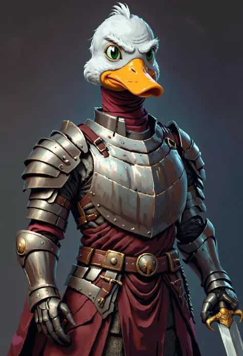 humanoid duck wearing armor, portrait, iron armor, sword