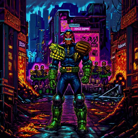 judge dredd scowling at rioting citizens outside a burning bank, in armor and uniform, wearing a helmet, jdgdrddcom, cyberpunk, comic, cityscape, barricades, night, darkness, neon light, riot, signs, fighting, crowds