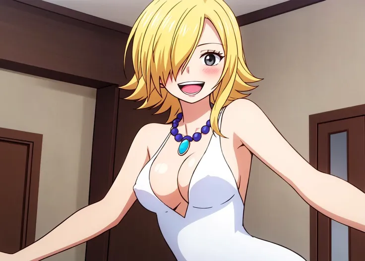 masterpiece, best quality, wanostyle, 1girl, breasts, solo, smile, dress, cleavage, blush, jewelry, teeth, necklace, blonde hair, hair over one eye, open mouth, covered nipples, white dress, medium breasts, looking at viewer, grey eyes,  no bra, indoors,  haf body, <lora:wanostyle_2_offset:1>