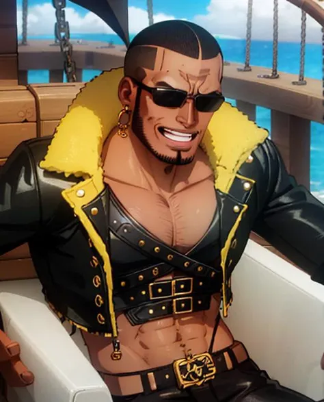 dark skin funyl guy, (buzz cut:1.2), leather jacket, black jeans, normal ears, (on a pirate ship:1.1), (earrings), (handsome face:1.3)