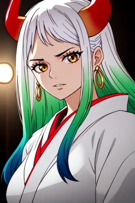 1girl, yamato_5000, white hair, green hair, gradient hair, horns, red horns wanostyle, ring earrings, ((masterpiece)), ((best quality)), extremely detailed, bloom, kimono, traditional clothing, depth of field, sketch, dark intense shadows, sharp focus, soft lighting, hdr, colorful, good composition, solo, full body
<lora:onePieceWanoSagaStyle_v2Offset:0.8>