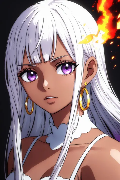 1girl, wanostyle, white_hair, fire, a girl with white hair and blue eyes wearing a white dress and black wings in front of a dark background with fire behind her, bare_shoulders, closed_mouth, dark-skinned_female, ((dark_skin)), hoop_earrings, long_hair, looking_at_viewer, purple_eyes, star_eyes, solo, upper_body, white_hair, (((masterpiece))), ((best quality)), (extremely detailed), watercolor, illustration, depth of field, sketch, dark intense shadows, sharp focus, soft lighting, hdr, colorful, good composition