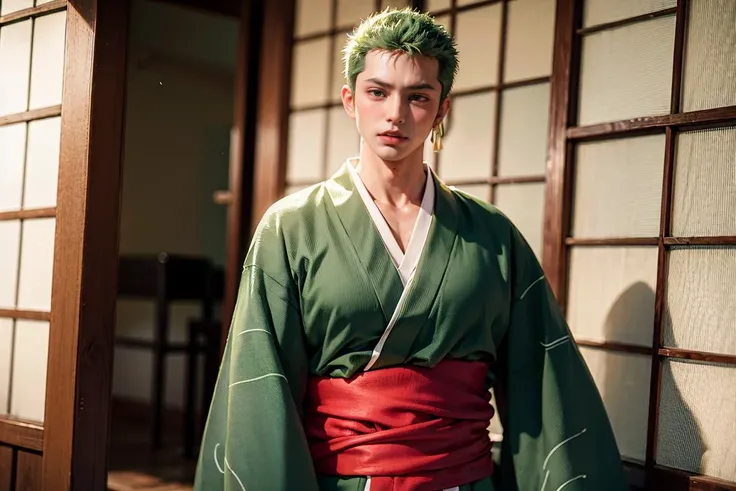 <lora:roronoaZoroOnePiece_v10:1>, ((semi realistic)), roronoa zoro, japanese clothes, ((((green kimono)))), red wrap, <lora:onepiece_zoro-10:1>,
