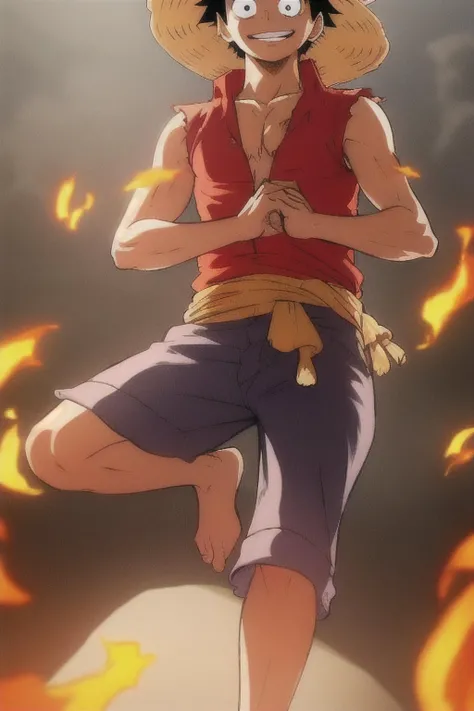 1boy, wanostyle, monkey d luffy, smiling, straw hat, ((masterpiece)), (best quality), (extremely detailed), depth of field, sketch, dark intense shadows, sharp focus, soft lighting, hdr, colorful, good composition, fire all around, spectacular, closed shirt, anime screencap, scar under eye, ready to fight, black eyes
<lora:onePieceWanoSagaStyle_v2Offset:1>