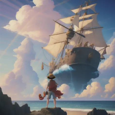 (wanostyle), portrait of monkey_d_luffy standing on a tall cliff under a break in the clouds, god rays, (tiny colorful) pirate ship on the ocean far away on the horizon, (((masterpiece))), ((best quality)), (extremely detailed), depth of field, sharp focus, soft lighting, hdr, bright, colorful, good composition, spectacular, from behind