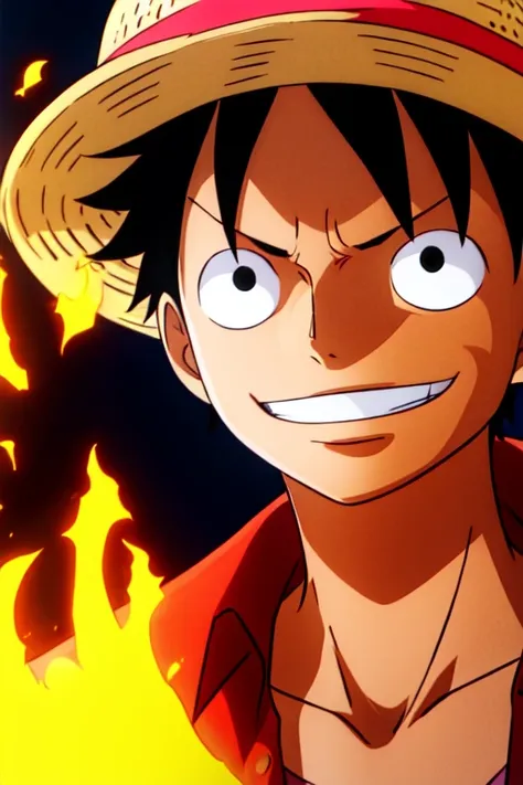 1boy, wanostyle, monkey d luffy, smiling, straw hat, looking at viewer, solo, upper body, ((masterpiece)), (best quality), (extremely detailed), depth of field, sketch, dark intense shadows, sharp focus, soft lighting, hdr, colorful, good composition, fire all around, spectacular, closed shirt, anime screencap, scar under eye, ready to fight, black eyes
 <lora:onePieceWanoSagaStyle_v2Offset:1>