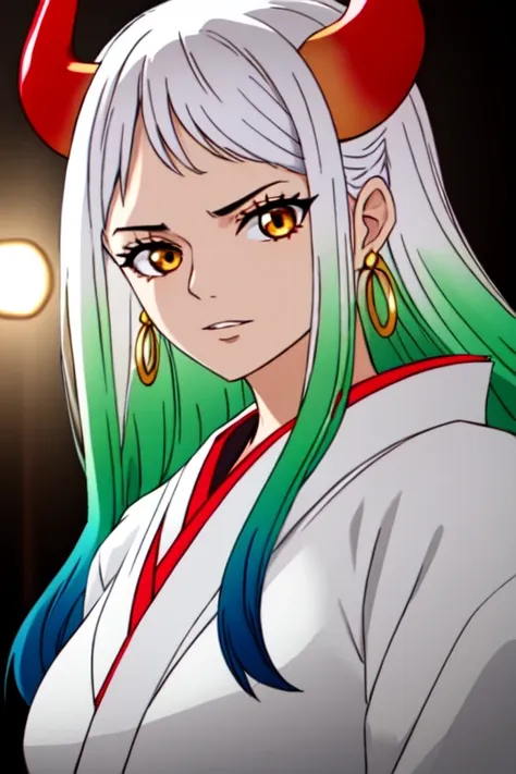 1girl, yamato_5000, white hair, green hair, gradient hair, horns, red horns wanostyle, ring earrings, ((masterpiece)), ((best quality)), extremely detailed, bloom, kimono, traditional clothing, depth of field, sketch, dark intense shadows, sharp focus, soft lighting, hdr, colorful, good composition, solo, full body
 <lora:onePieceWanoSagaStyle_v2Offset:0.8>