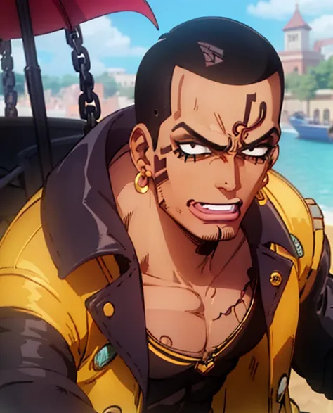 dark skin devil guy, (buzz cut:1.2), leather jacket, black jeans, normal ears, (jojo's pose:1.3), (on a pirate ship:1.1), (earrings), (jojos stand behind him), (handsome face:1.3)