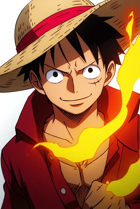 1boy, wanostyle, monkey d luffy, smiling, straw hat, looking at viewer, solo, upper body, ((masterpiece)), (best quality), (extremely detailed), depth of field, sketch, dark intense shadows, sharp focus, soft lighting, hdr, colorful, good composition, fire all around, spectacular, closed shirt, anime screencap, scar under eye, ready to fight, black eyes <lora:wanostyle_2_offset:1>