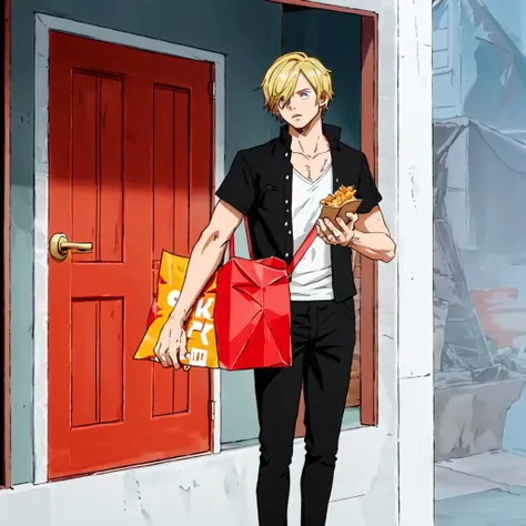 sanji, door dash delivery, standing in doorway, holding bag of food, wanostyle <lora:one-piece-wano:1>, (best quality, masterpiece, 4k, ultra detailed, sharp focus, 8k, high definition, insanely detailed, intricate:1.2)