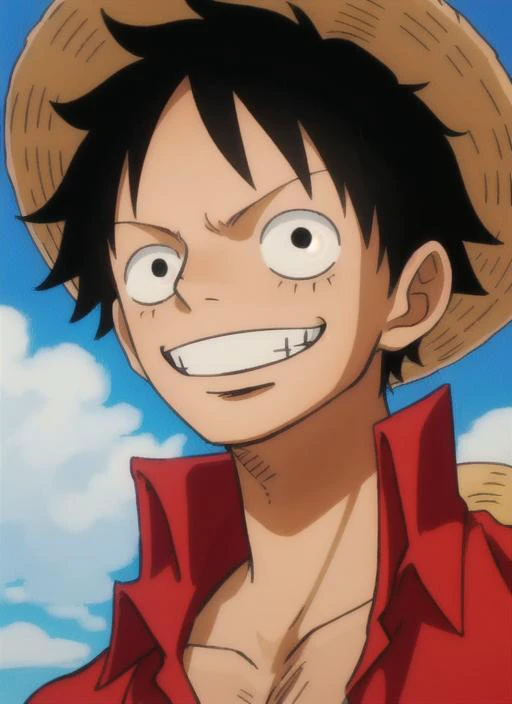 1boy, ((masterpiece)),black_hair, black_eyes,smiling,male_focus, solo, monkey d luffy <lora:wanostyle_2_offset:1>,straw_hat,