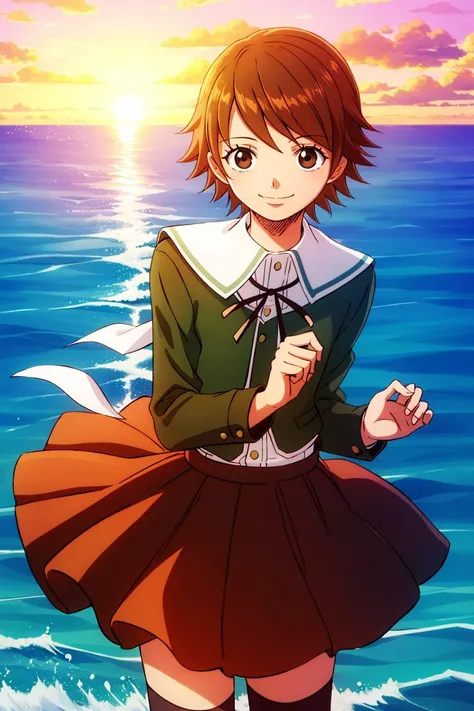 best quality, fujisaki chihiro, wanostyle, 1boy, otoko no ko, light brown hair, green jacket, ribbon, brown skirt, kneehighs, boat, close up, ocean, smile, sunset, windy, <lora:chihiro-nvwls-v1:0.95>, <lora:wanostyle_2_offset:1>