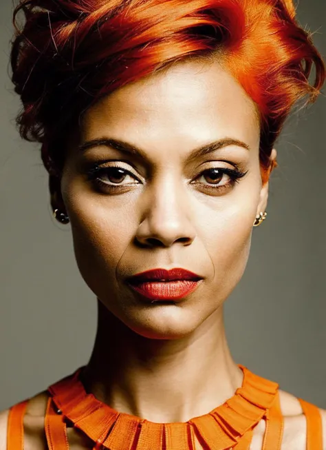 analog style, modelshoot style, portrait of sks woman by Flora Borsi, style by Flora Borsi, bold, bright colours, orange Mohawk haircut, ((Flora Borsi)), <lora:locon_zoesaldana_v1_from_v1_64_32:1.3>