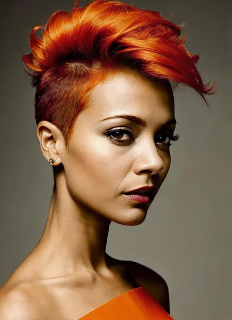 portrait of sks woman by Flora Borsi, style by Flora Borsi, bold, bright colours, orange Mohawk haircut, ((Flora Borsi)), <lora:locon_zoesaldana_v1_from_v1_64_32:1.3>