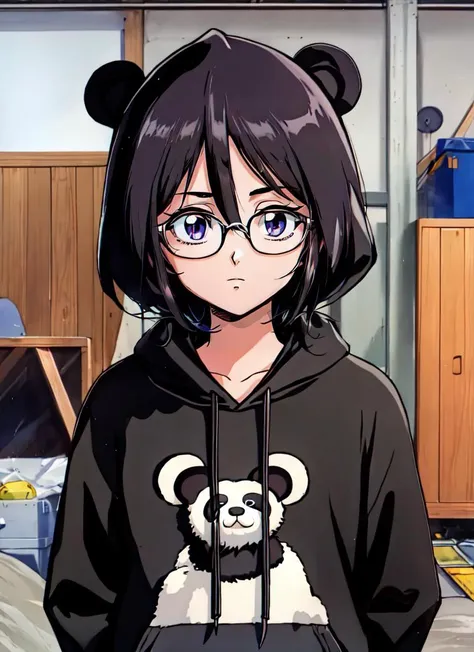 ((best quality)), ((highly detailed)), masterpiece, absurdres, detailed face, beautiful face, (detailed eyes, deep eyes), (1girl), (glasses), multiple views, propped up on one hand , ((<lora:panda_hoodie_v3:.6>, panda_hoodie)), <lora:bleachRukia_v10:.85>, kuchiki rukia, short hair, black hair, purple eyes, small breasts, (indoors, at a garage), <lora:90sv2.0R:.7>, 1990s (style), retro artstyle