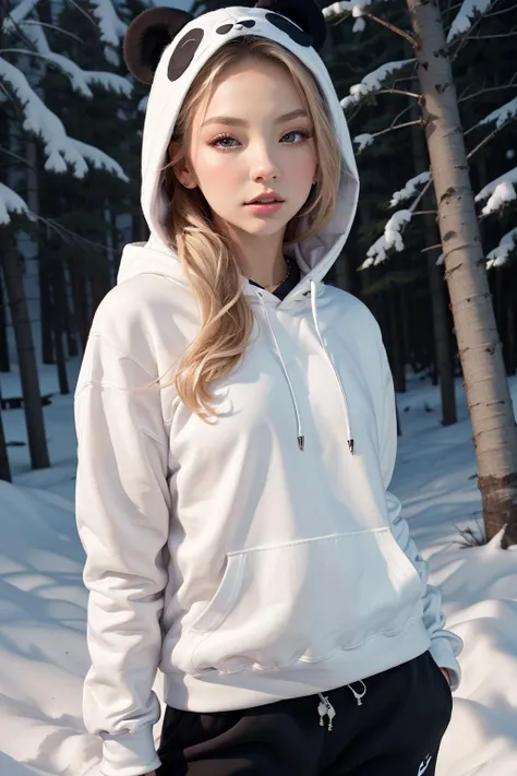 JordynJones, wearing panda_hoodie, (black sweatpants), platinum blonde, outdoors at midnight in winter, fresh snow, twilight, moonlight <lora:JordynJones:0.9>, <lora:panda_hoodie_v3:0.6>