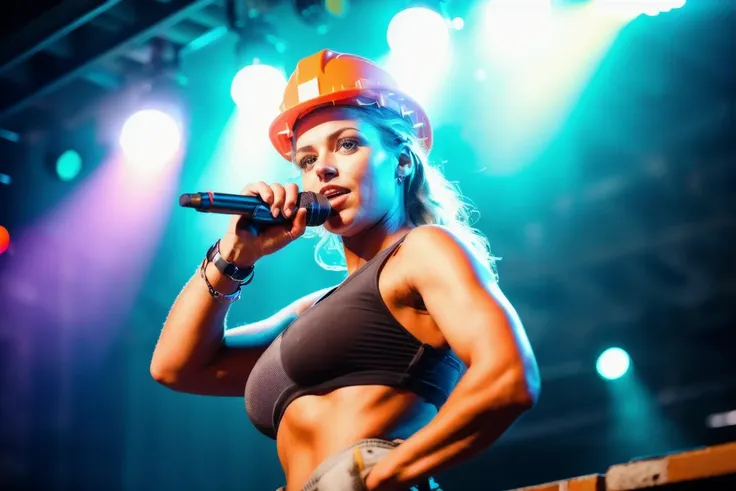 RAW photo of sexy woman as a construction worker on a stage with spot lights on her, analog style, (high detailed skin:1.2), 8k uhd, dslr, soft lighting, high quality, film grain, Fujifilm XT3,