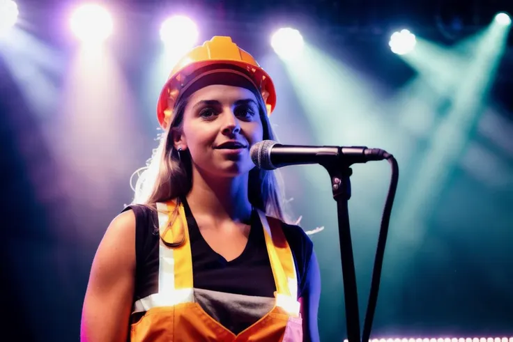 RAW photo of 1girl cute woman as a construction worker on a stage with spot lights on her, analog style, (high detailed skin:1.2), 8k uhd, dslr, soft lighting, high quality, film grain, Fujifilm XT3,