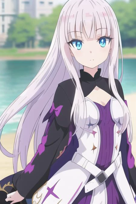 mira, anime, 1girl, solo, long_hair, looking_at_viewer, blue_eyes, white_hair, small breasts <lora:mira:0.7> , soft smile, lake, yuzustyle , masterpiece, best quality, official art, extremely detailed CG unity 8k wallpaper, highly detailed, shiny skin, Depth of field, vivid color
