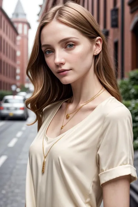 European woman, closeup, (shirt), pants, (streets of boston), gold necklace , ZM_whitney , wide shoulders, perfect face, (contact iris: 1.1), pale skin, skin pores , depth of field