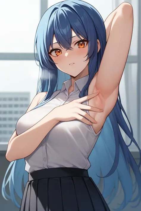 score_9, score_8_up, score_7_up, source_anime,
upper body, solo, 1girl, sexy female, tall female, breasts, blue hair, long hair, open hair, orange eyes, white shirt, sleeveless shirt, collared shirt, black skirt, pleated skirt,
<lora:SpreadArmpitV2-04:1>, spread armpit, (arm up, presenting armpit, fingers on own armpit:1.2), nose blush, heavy breathing,
indoors