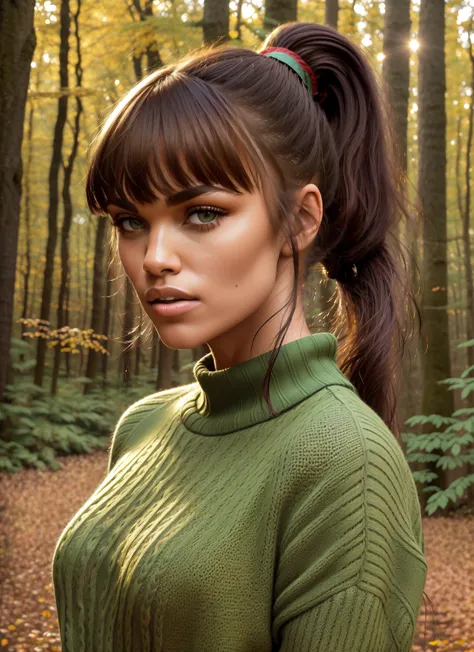 portrait face photo of Aprild <lora:AprilEll-000025:0.7> beautiful woman with bronzed skin, wearing a green sweater, (hair in a ponytail:1.2) with bangs, standing in a forest in autumn, coy, up close, (masterpiece) (best quality) (detailed) (8k) (HDR) (wallpaper) (cinematic lighting) (sharp focus) (intricate)