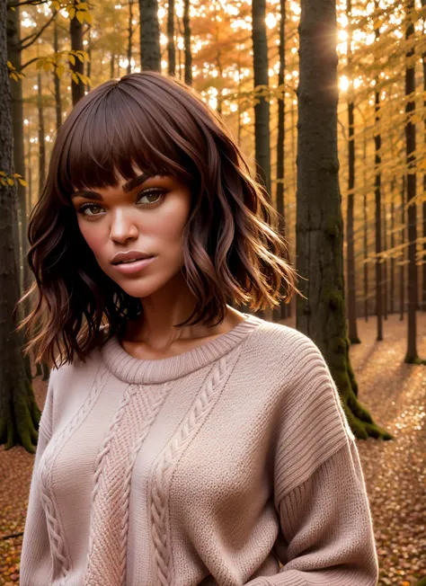 portrait face photo of Aprild <lora:AprilEll-000025:0.7> beautiful woman with bronzed skin, wearing a pink sweater standing in a forest in autumn, coy, up close, (masterpiece) (best quality) (detailed) (8k) (HDR) (wallpaper) (cinematic lighting) (sharp focus) (intricate)